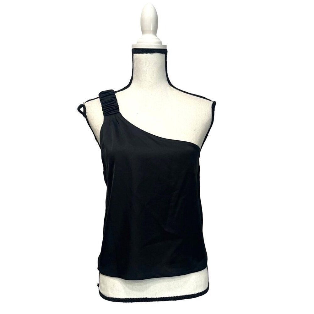 Know One Cares Women’s Shirred Shoulder Strap One Shoulder Satin Top, Black, S
